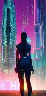 A silhouetted figure in a glowing futuristic cityscape with vibrant neon lights.