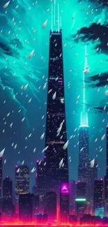 Futuristic neon cityscape with glowing skyscrapers and a dynamic sky.