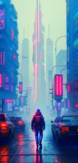 A vibrant futuristic cityscape with neon skyscrapers and glowing streets.