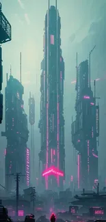 Futuristic cityscape with neon skyscrapers in a cyberpunk style at night.