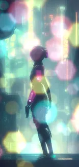 Silhouetted figure in neon-lit futuristic cityscape.