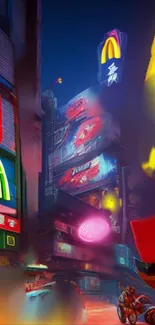 Futuristic cityscape with neon lights and vibrant colors.