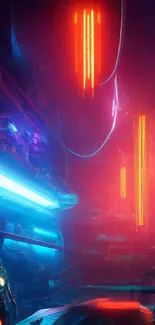 Futuristic neon cityscape with vibrant red and blue lights creating a cyberpunk atmosphere.