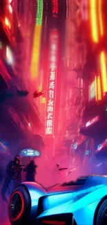 Futuristic cityscape with neon lights and modern architecture.