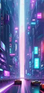 Futuristic cityscape with neon lights and vibrant colors in a cyberpunk style.