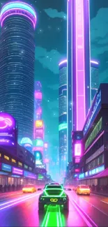 Futuristic neon city with bright skyscrapers and glowing streets.