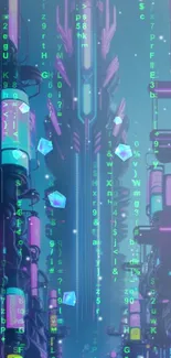 Futuristic neon cityscape with digital codes and skyscrapers.