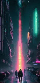 Futuristic neon cityscape with vibrant colors and a central light beam.