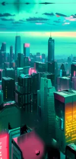 Futuristic cityscape with neon lights and vibrant colors.