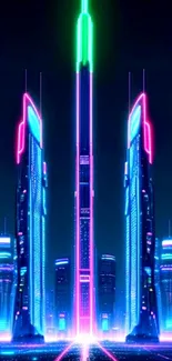 Futuristic cityscape with neon skyscrapers glowing in blue and pink.
