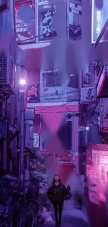 Futuristic urban alley with neon lights at night.