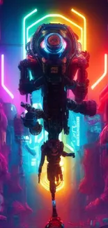 Futuristic cityscape with neon lights and a robotic figure in vivid colors.