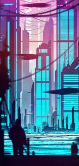 Futuristic neon cityscape artwork in vibrant colors.