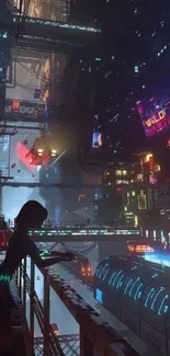 Silhouette in a futuristic neon-lit cityscape at night.