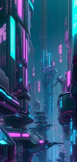 Futuristic neon cityscape with towering skyscrapers and vibrant signs.