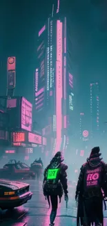 Futuristic cyberpunk cityscape with neon lights.