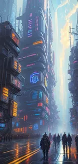 Futuristic neon cityscape with glowing signs and misty streets.