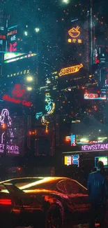 Futuristic neon cityscape with car at night.