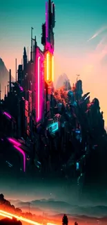 Futuristic neon-lit cityscape with towering structures.