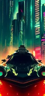 Futuristic cityscape with neon lights and retro vehicle in vibrant colors.