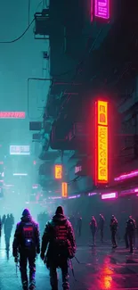 Futuristic cityscape with neon lights and urban street scene.