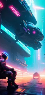 Futuristic neon cityscape with astronaut in a cyberpunk theme.