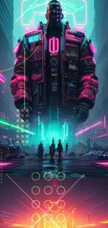 Futuristic neon cityscape with towering cyborg in vibrant colors.