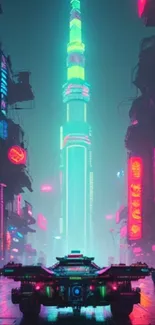 Futuristic neon cityscape with cyberpunk atmosphere and vivid colors.