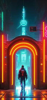 Futuristic neon cityscape with vibrant colors and a mysterious figure.