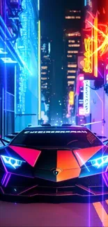 Sleek neon car in a vibrant urban nightscape with glowing lights.