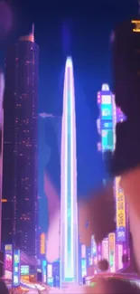 Futuristic neon cityscape with vibrant skyscraper lights.