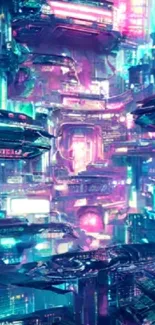 Futuristic neon cityscape with vibrant glowing lights.