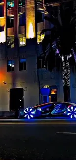 Futuristic car driving through a neon-lit cityscape at night.