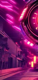 Futuristic neon cityscape with glowing pink lights and cyber elements.