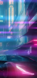 Futuristic car in neon-lit city street at night.