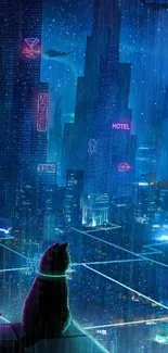 Futuristic neon cityscape with a cat silhouette and skyscrapers.