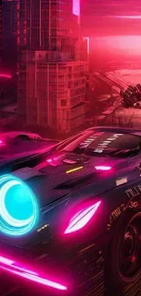 Futuristic cityscape with neon lights and a sleek vehicle in a cyberpunk style.