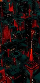 Futuristic cityscape with neon red lights.