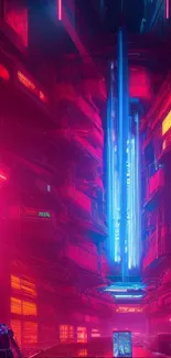 Futuristic neon cityscape with glowing lights and vibrant urban architecture.