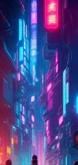 Futuristic cityscape with neon lights in vibrant colors.