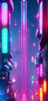 Futuristic neon cityscape with vibrant lights and urban architecture.