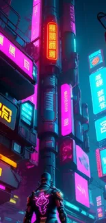 Futuristic city with neon lights and cyberpunk aesthetic in vibrant wallpaper.