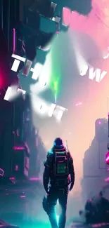 Futuristic cityscape with neon lights and lone figure.