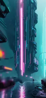 Futuristic cityscape wallpaper with neon glow and cyberpunk aesthetic.