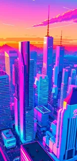 Futuristic neon cityscape with vibrant colors and skyscrapers.