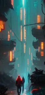 Futuristic neon cityscape with glowing signs and mysterious figures.