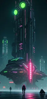 Futuristic neon cityscape with towering sci-fi building.