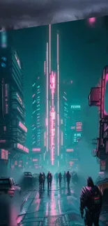 Futuristic cityscape with neon skyscrapers and misty streets at night.