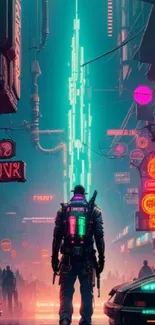 A neon-lit cyberpunk street with futuristic cityscape.