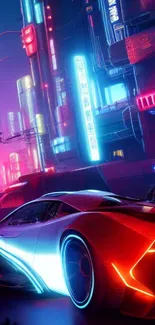 Futuristic supercar in a neon-lit cityscape at night.